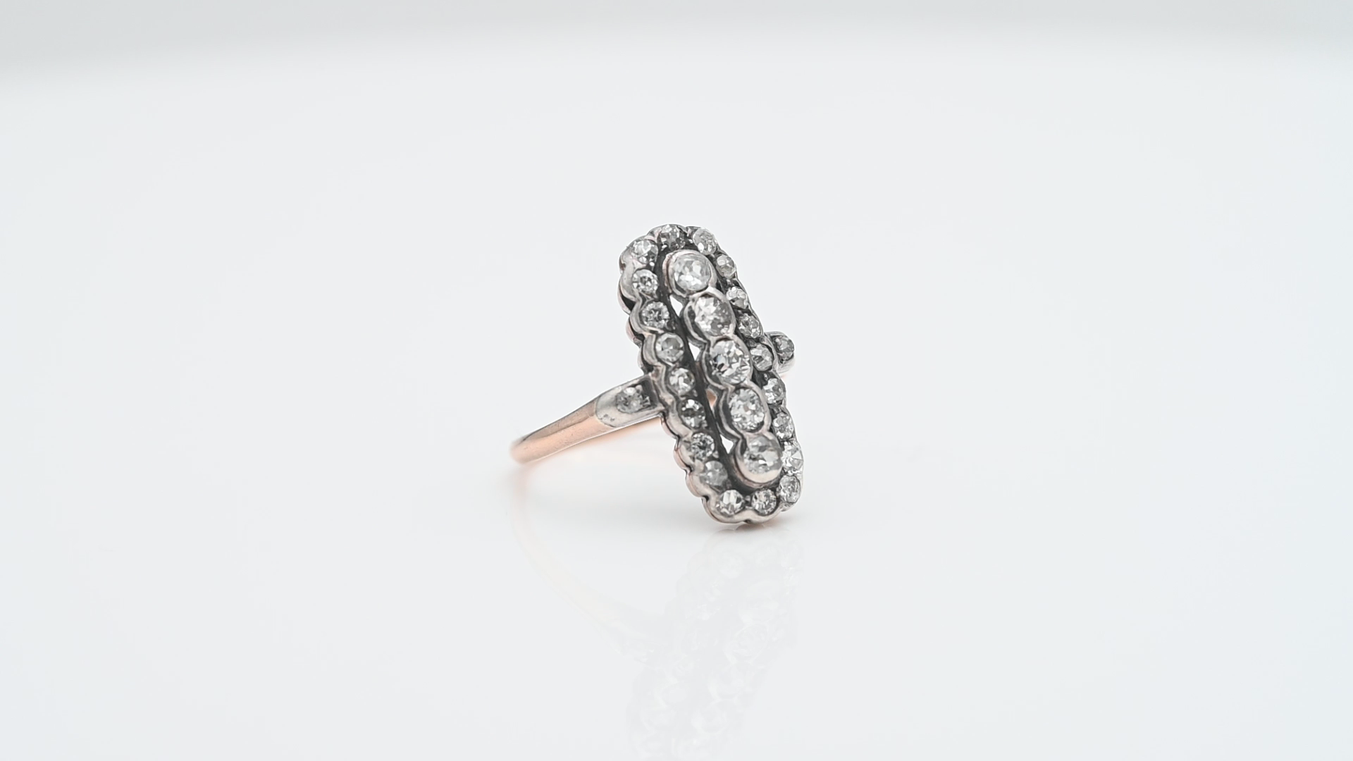 טבעת וינטג' ארוכה משובצת יהלומים בחיתוך Old Cut - מק"ט 51581, זהב 14K