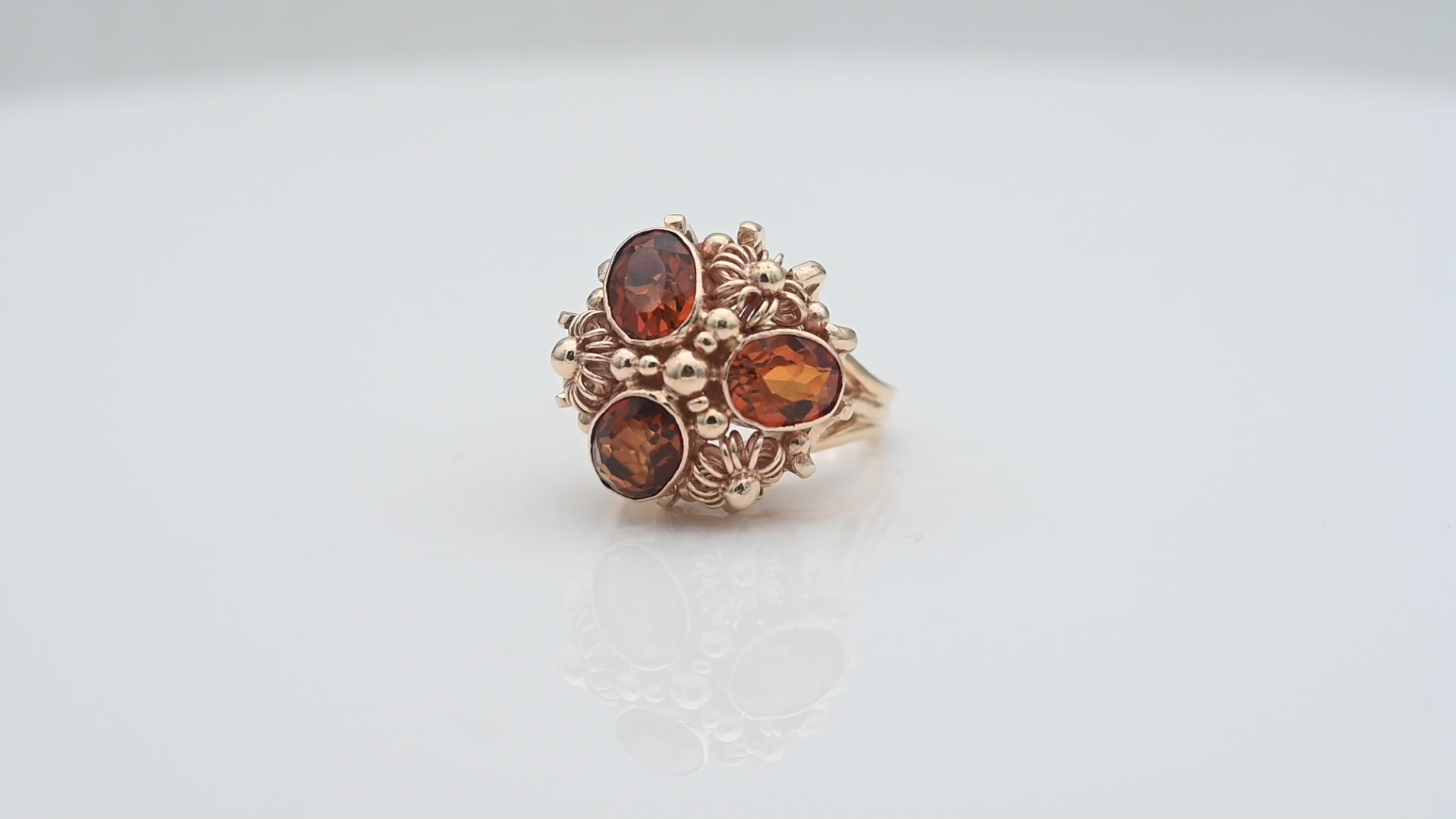 טבעת וינטג' משובצת אבני ציטרין בחיתוך אובלי - מק"ט 14302, זהב 14K