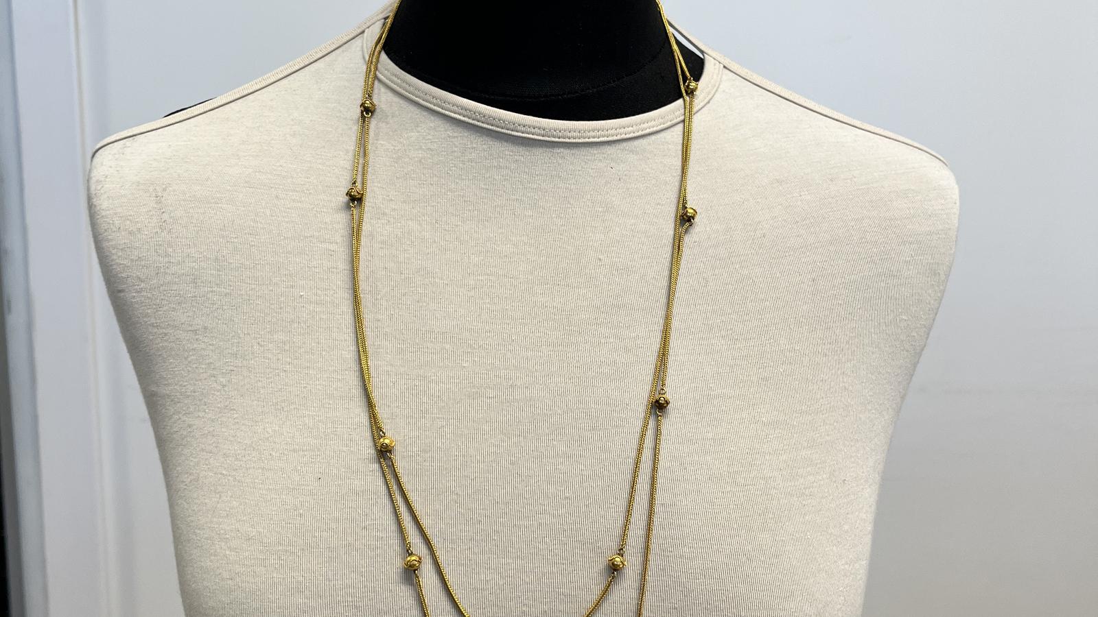 שרשרת וינטג' חוליות משתלבות עם מוטיב כדורים מעוטרים, ארוכה במיוחד - מק"ט 14971, זהב 21K