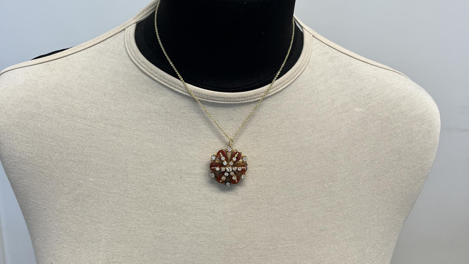 תליון/סיכה וינטג פרח משובץ יהלומים ואמייל כתום, זהב 14K - מק"ט 31407