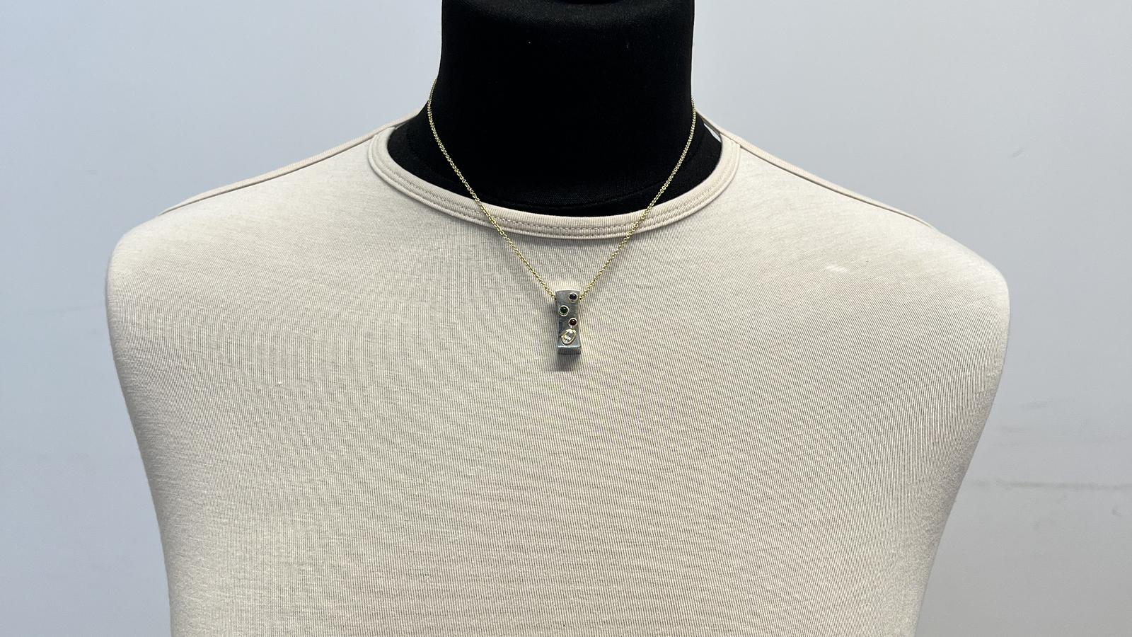 תליון וינטאג מלבני משובץ רובי, ספיר, אמרלד ויהלום, זהב 14K - ללא שרשרת - מק"ט 60142