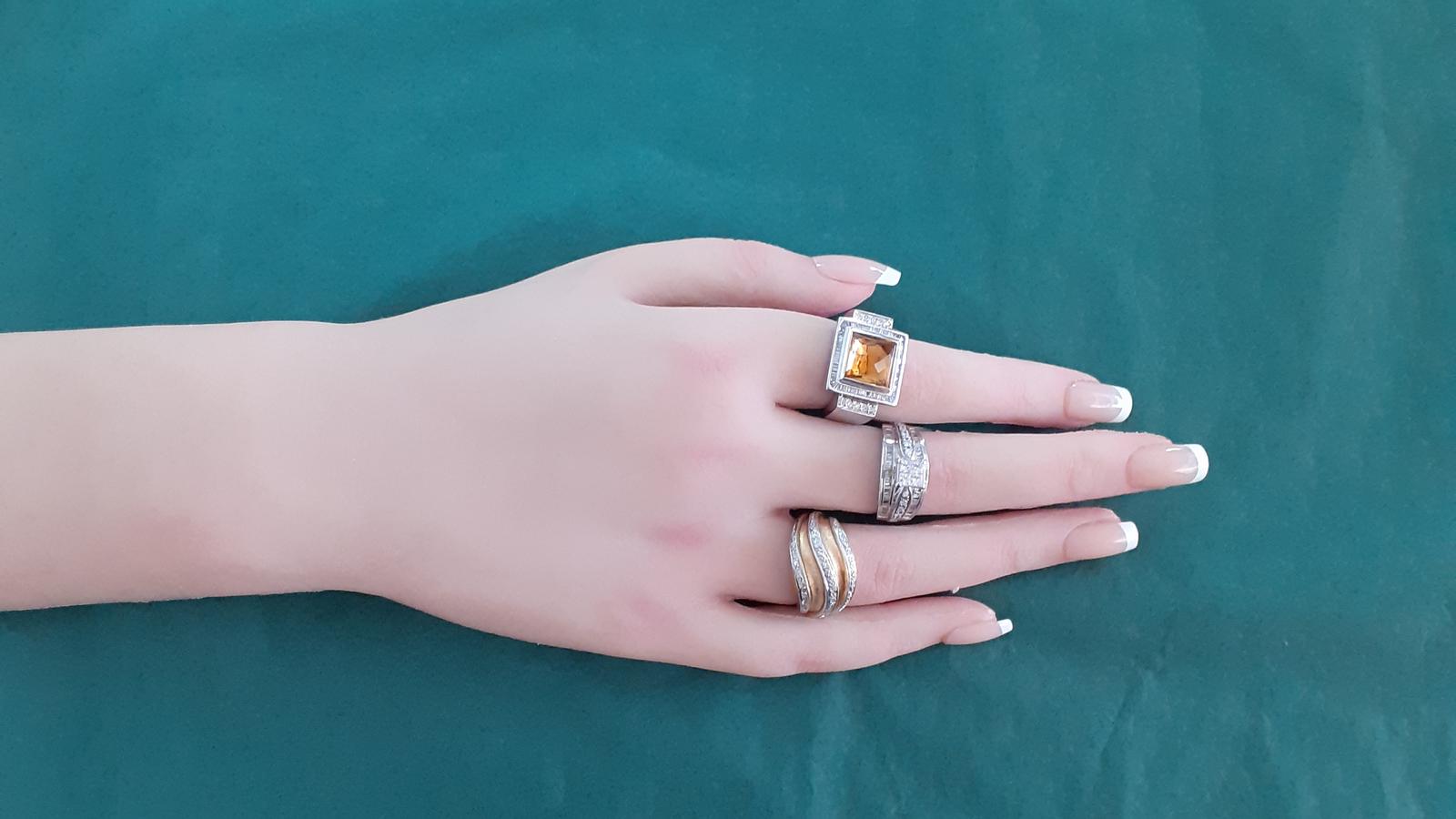 טבעת וינטאג משובצת ציטרין ויהלומים בחיתוך באגט ועגול, זהב 14K - מק"ט 30928