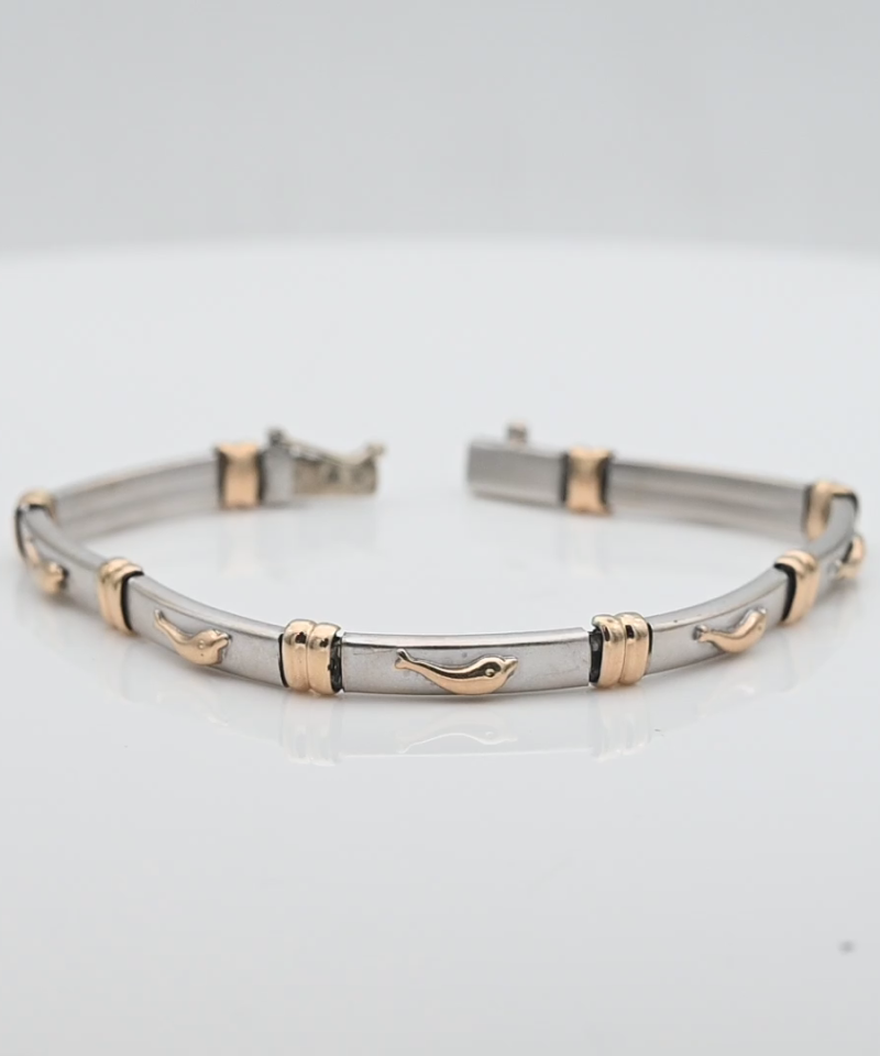 צמיד וינטאג חוליות מלבניות ברוחב 0.45 ס"מ עם דולפינים - מק"ט 15386, זהב 14K