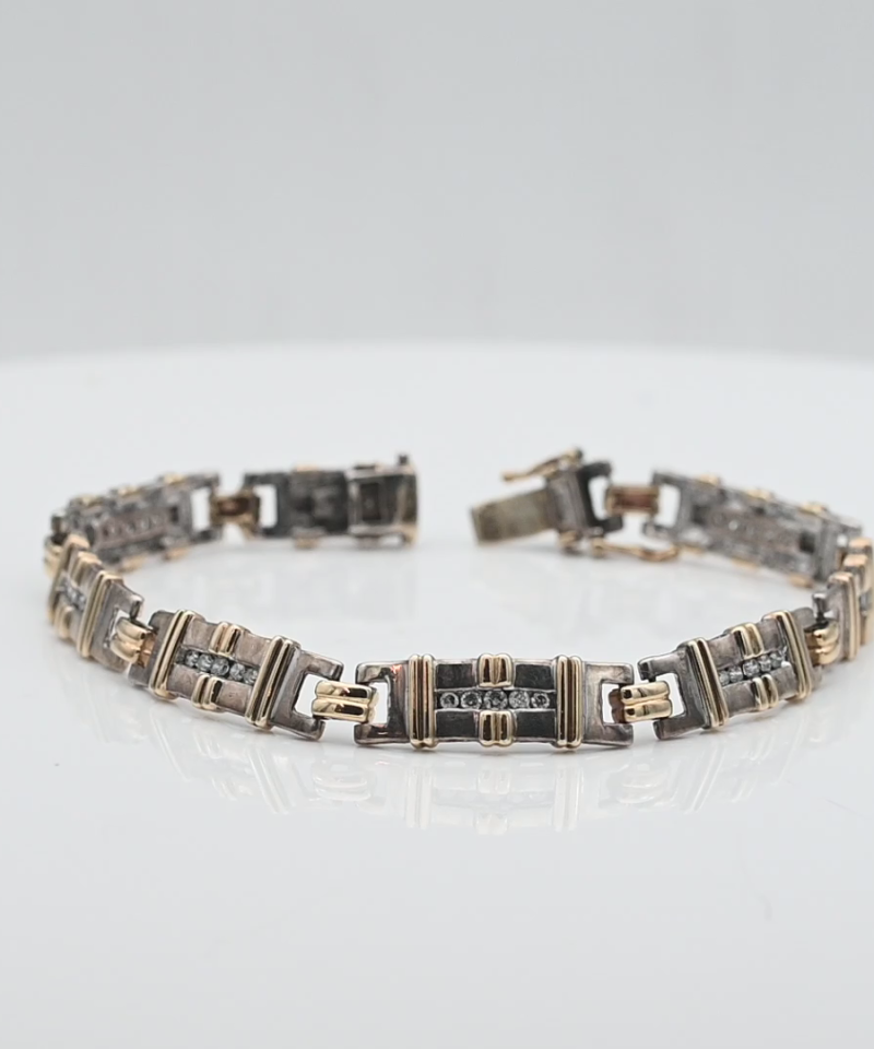 צמיד וינטג' משובץ יהלומים, זהב בשילוב כסף 925, ברוחב 8.2 מ"מ - מק"ט 61217, זהב 10 קארט וכסף