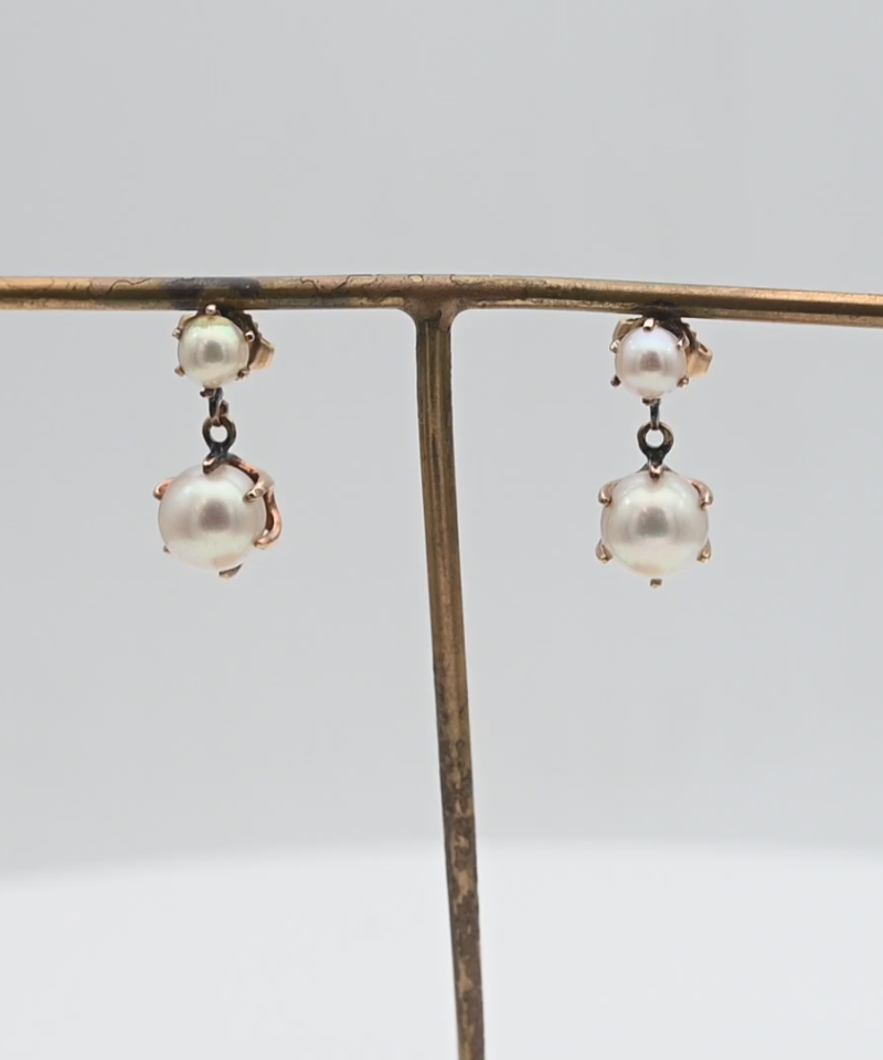 עגילי וינטג', פנינה צמודה ופנינה תלויה - מק"ט 15539, זהב 14K