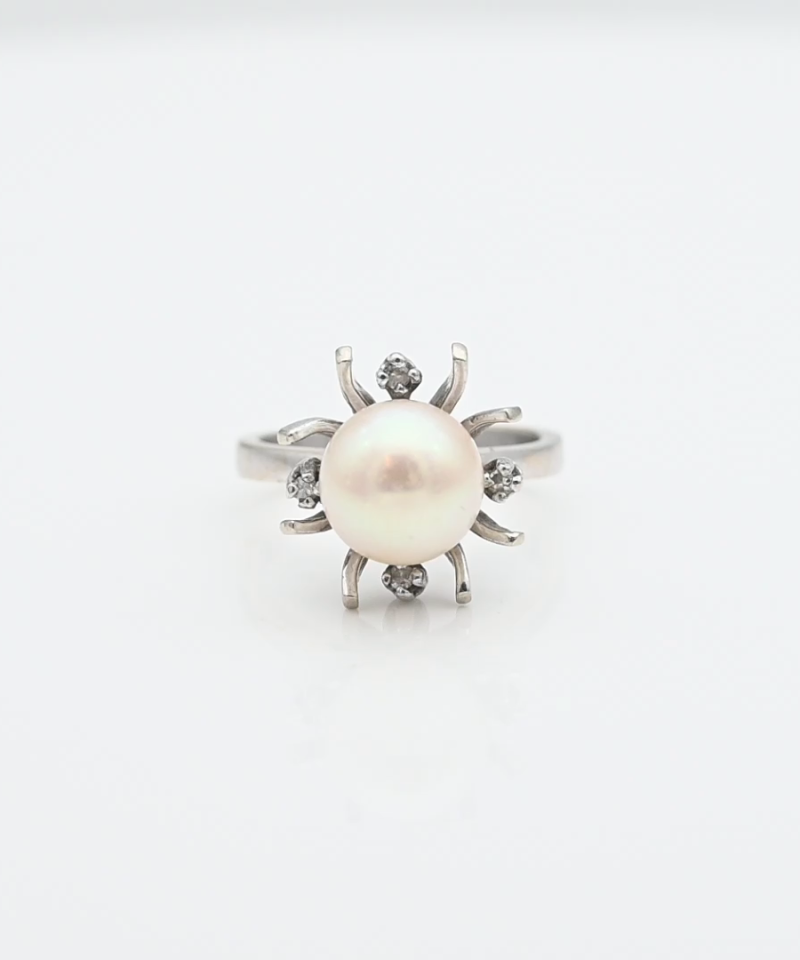 טבעת וינטאג משובצת פנינה ויהלומים - מק"ט 15543, זהב 14K