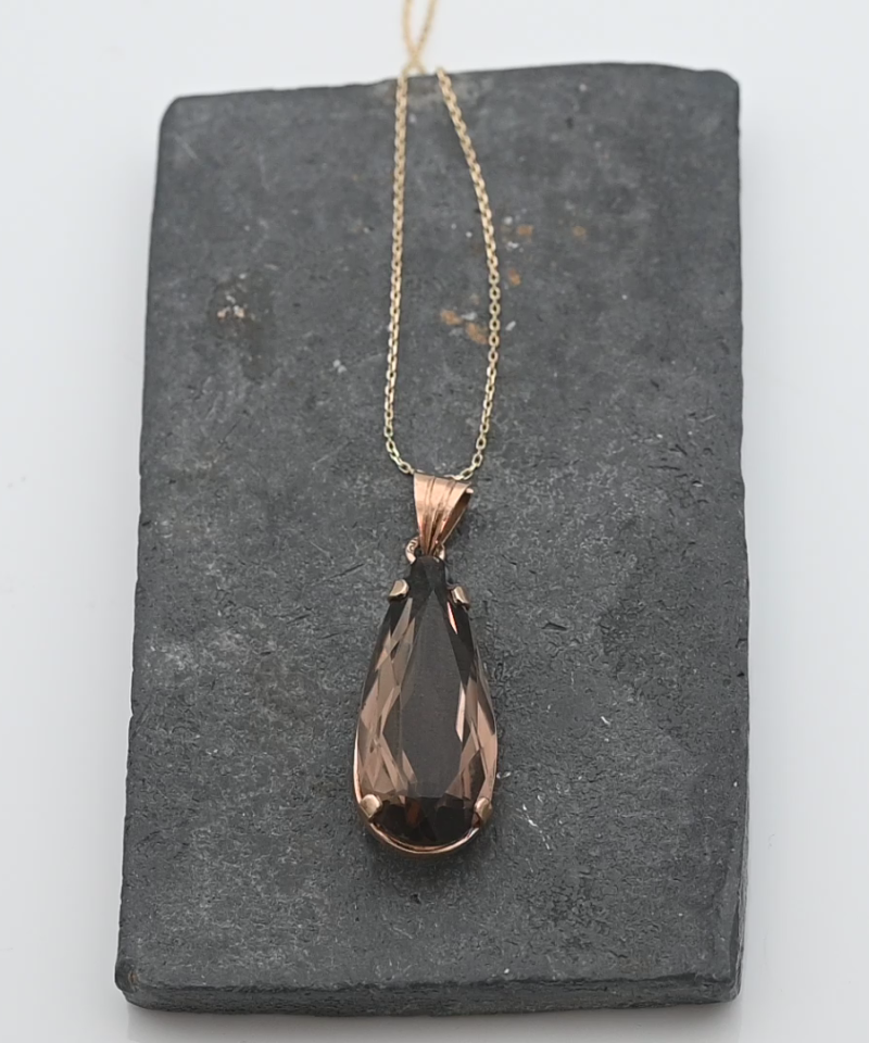 תליון וינטאג משובץ סמוקי טופז בחיתוך טיפה, ללא שרשרת - מק"ט 15547, זהב 14K