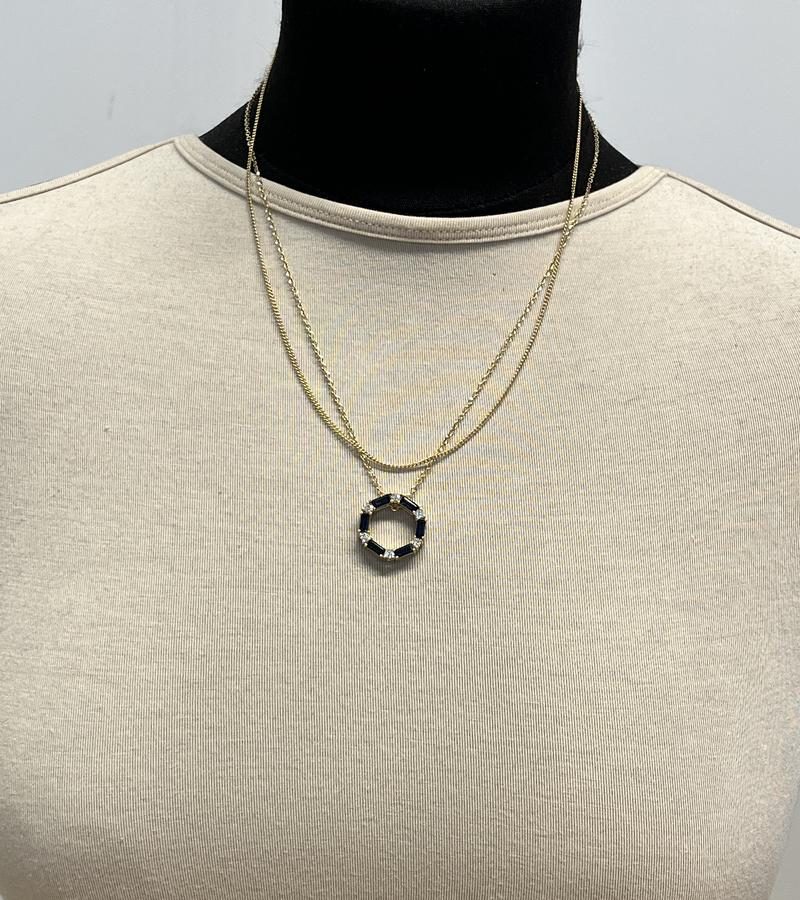 תליון וינטג' משושה בקוטר 2 ס"מ, משובץ אבני ספיר ויהלומים, כולל שרשרת - מק"ט 51824, זהב 14K