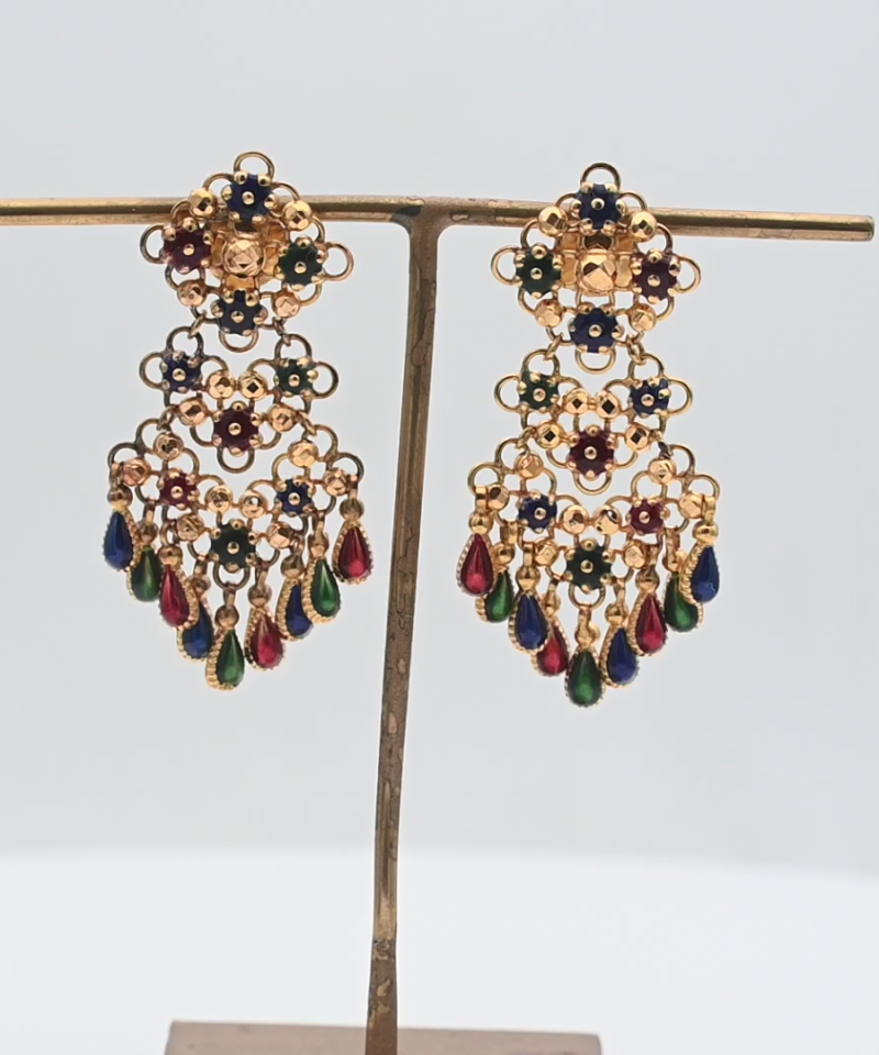 עגילי וינטג' תלויים עם עבודת אמייל צבעונית - מק"ט 15581, זהב 21K