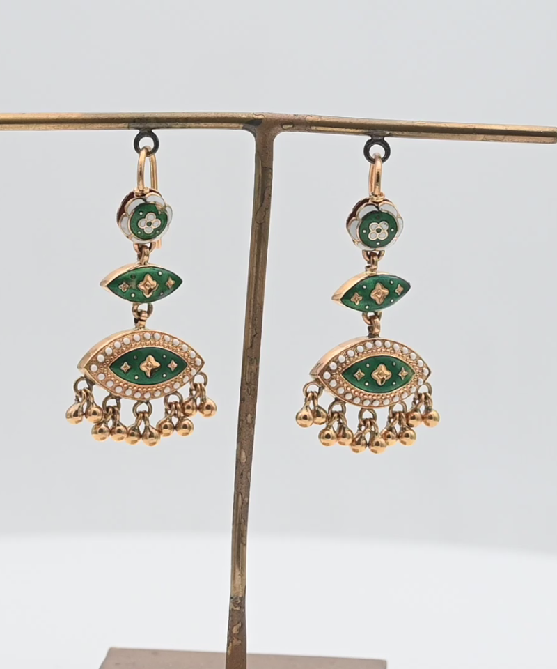 עגילי וינטג' תלויים עם עבודת אמייל צבעונית - מק"ט 15582, זהב 21K