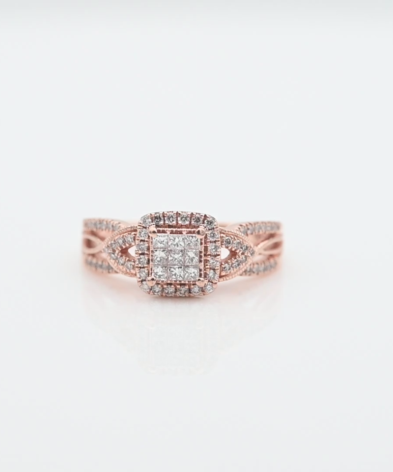 טבעת זהב משובצת יהלומים בחיתוך פרינסס ועגול  - מק"ט 34129, זהב 10K