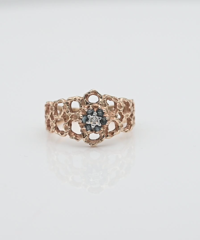 טבעת וינטאג, פרח משובצת אבני ספיר ויהלום - מק"ט 34141, זהב 10K