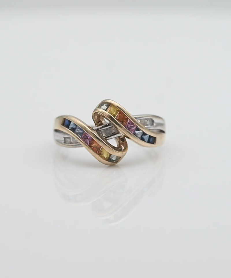 טבעת וינטג', סרט, משובצת אבני חן צבעוניות ויהלומים - מק"ט 34177, זהב 10K