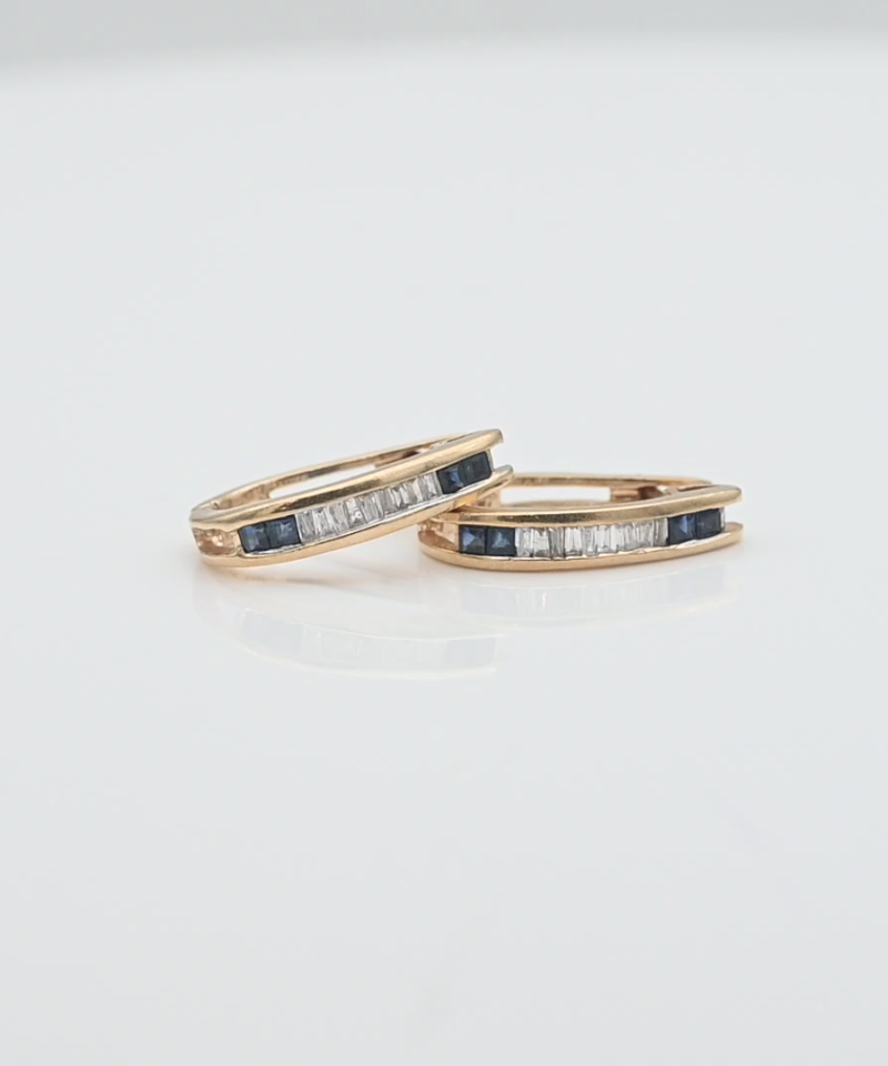 עגילי וינטג' תלויים משובצים אבני ספיר ויהלומים בחיתוך באגט - מק"ט 34299, זהב 14K