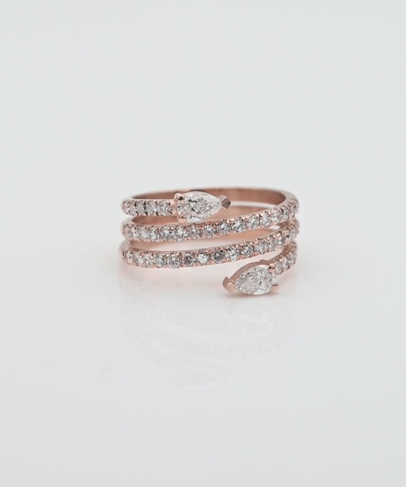 טבעת 4 שורות משובצת יהלומים בחיתוך טיפה ועגול - מק"ט 15741, זהב 14K