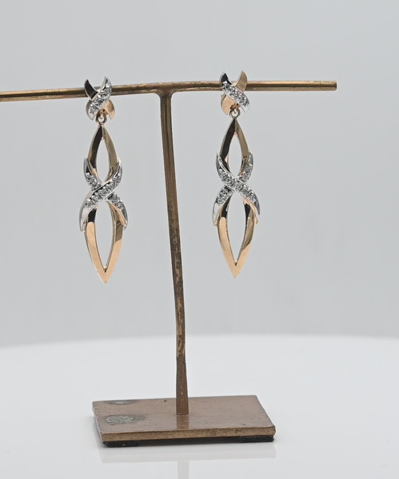 עגילי וינטג', סרט, תלויים משובצים יהלומים  - מק"ט 34412, זהב 14K