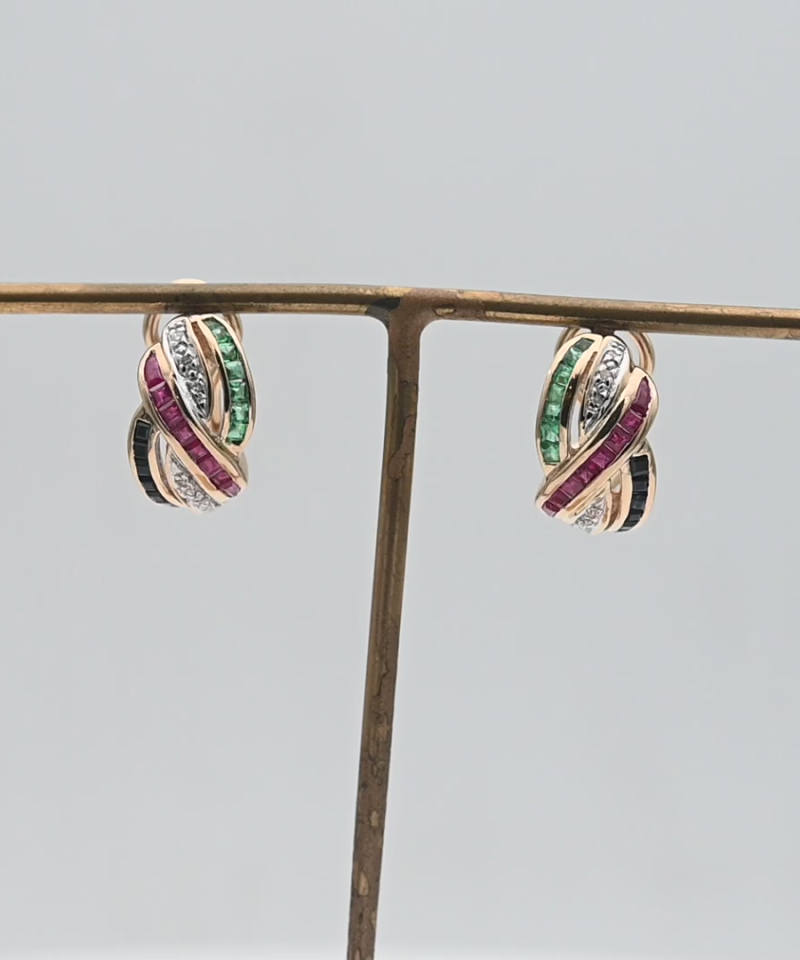 עגילי וינטג' צמודים משובצים אבני ספיר, רובי, אמרלד ויהלומים - מק"ט 34488, זהב 14K