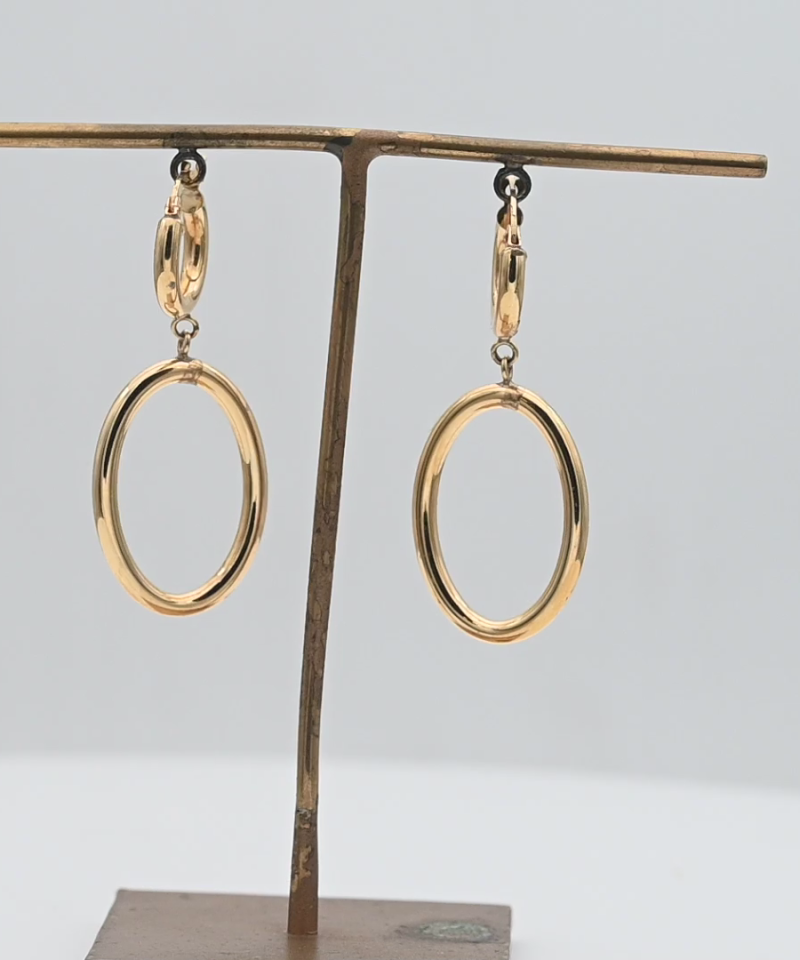 עגילי חישוק חלולים מוטיב אובלי תלוי בגודל 4.5X2 ס"מ - מק"ט 15763, זהב 14K