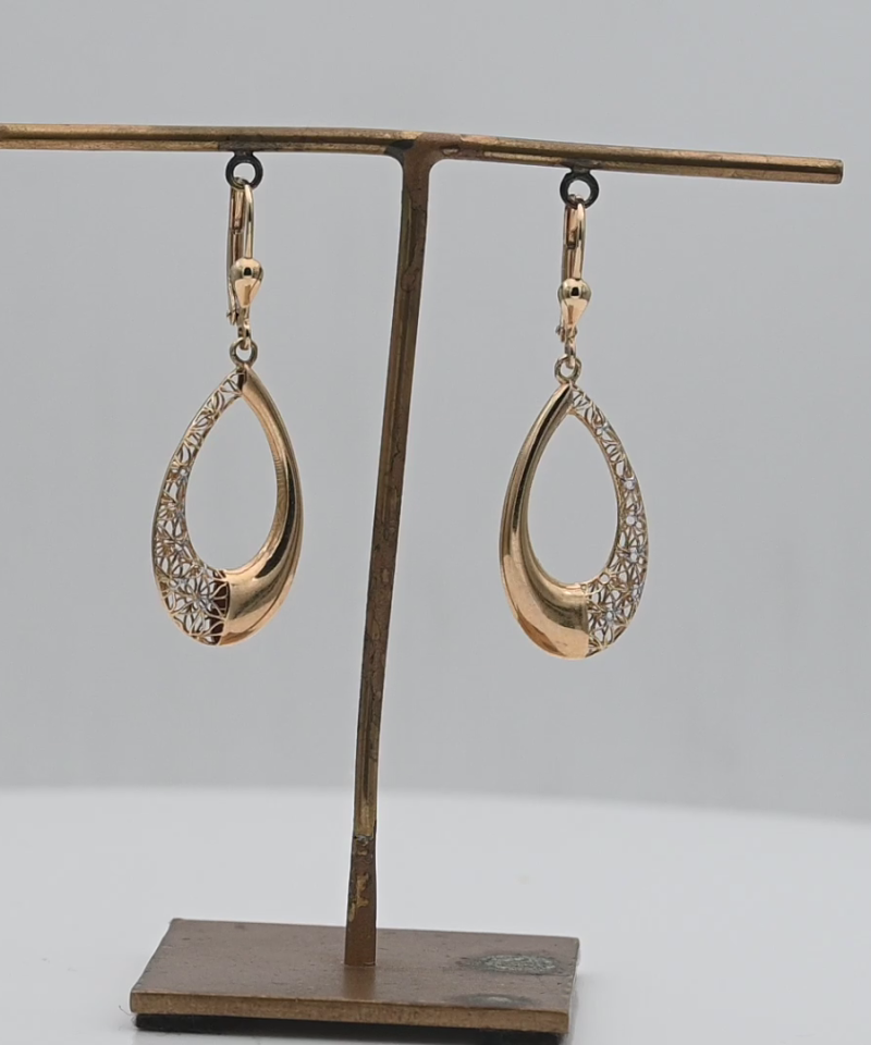 עגילים תלויים אובליים חלולים,חצי תחרה - מק"ט 15788, זהב 14K