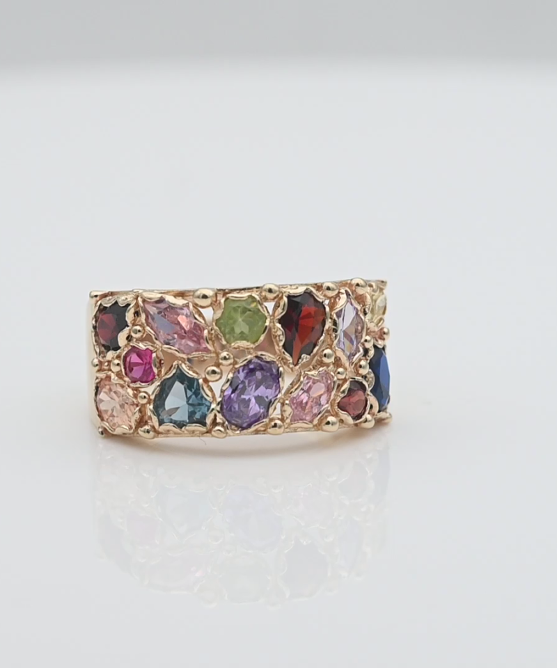 טבעת רחבה משובצת אבני טופז בצבעים שונים - מק"ט 15979, זהב 14K