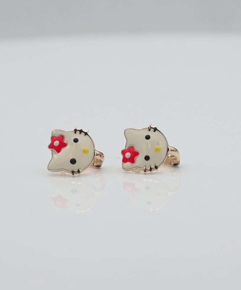 עגילי hello kitty צמודים בעבודת אמייל - מק"ט 52024, זהב 14K