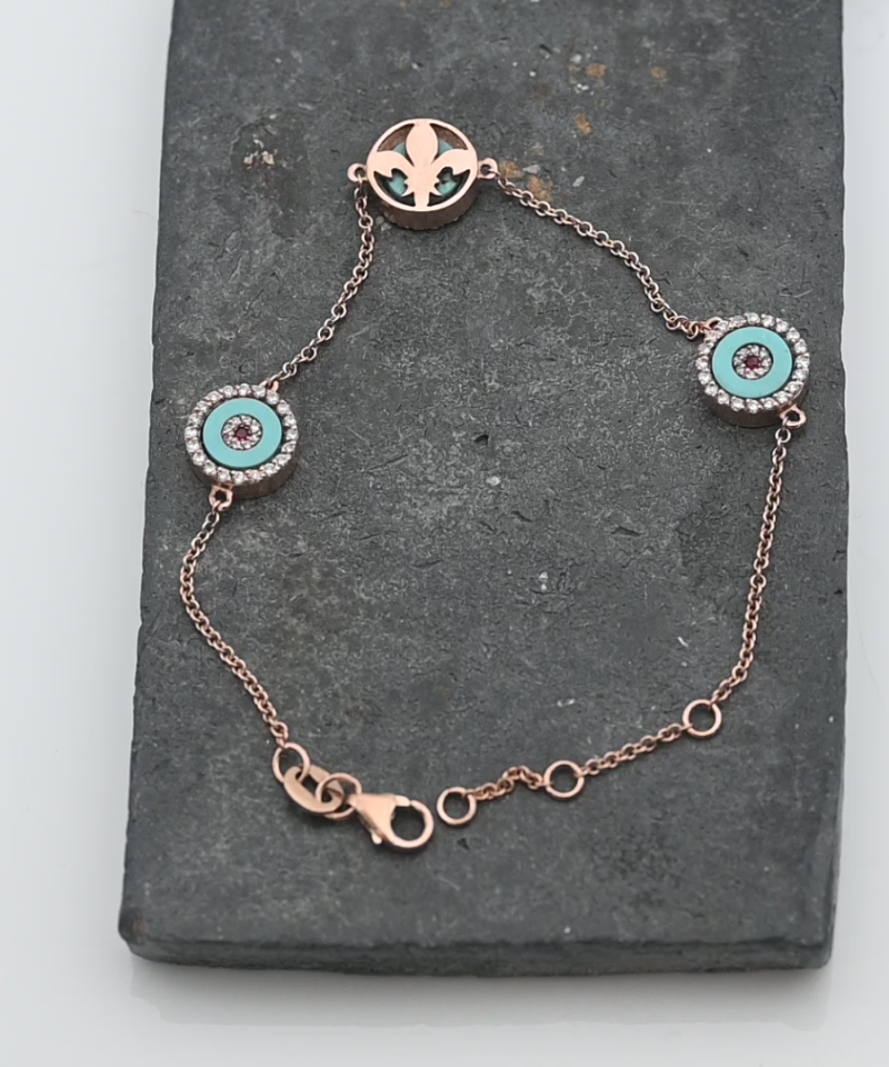 צמיד וינטג' איטלקי שלושה עיגולים משובצים טורקיז רובי ויהלומים - מק"ט 52027, זהב 14K