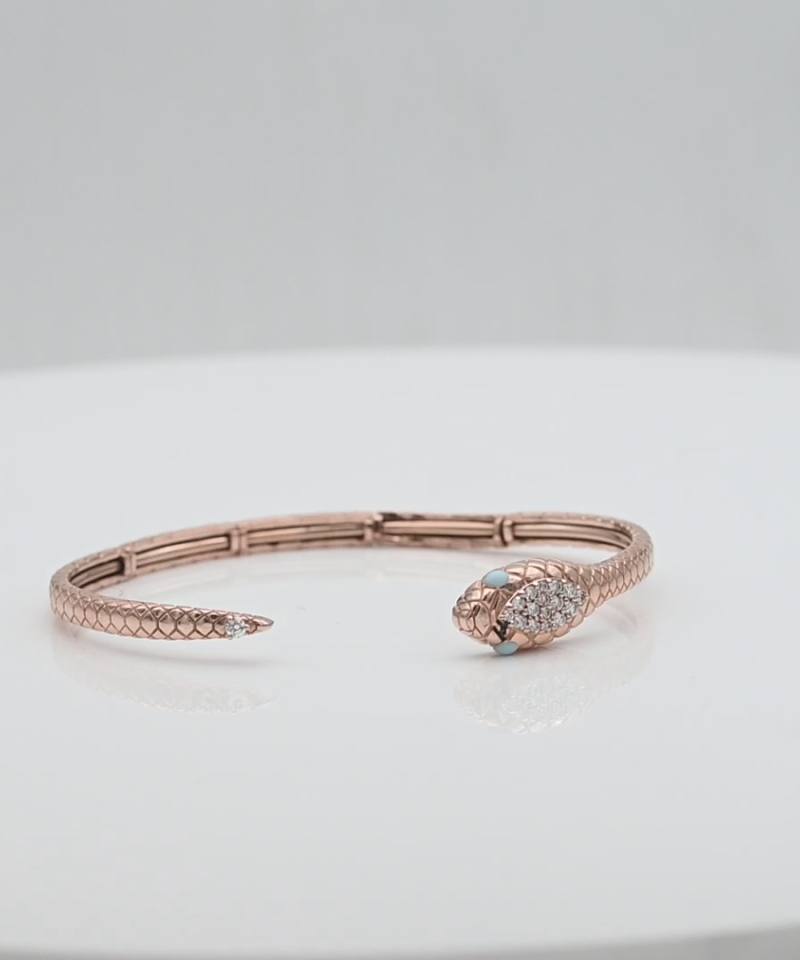 צמיד חצי קשיח נחש משובץ אבני טורקיז ויהלומים בקוטר 6 ס"מ - מק"ט 52029, זהב 14K