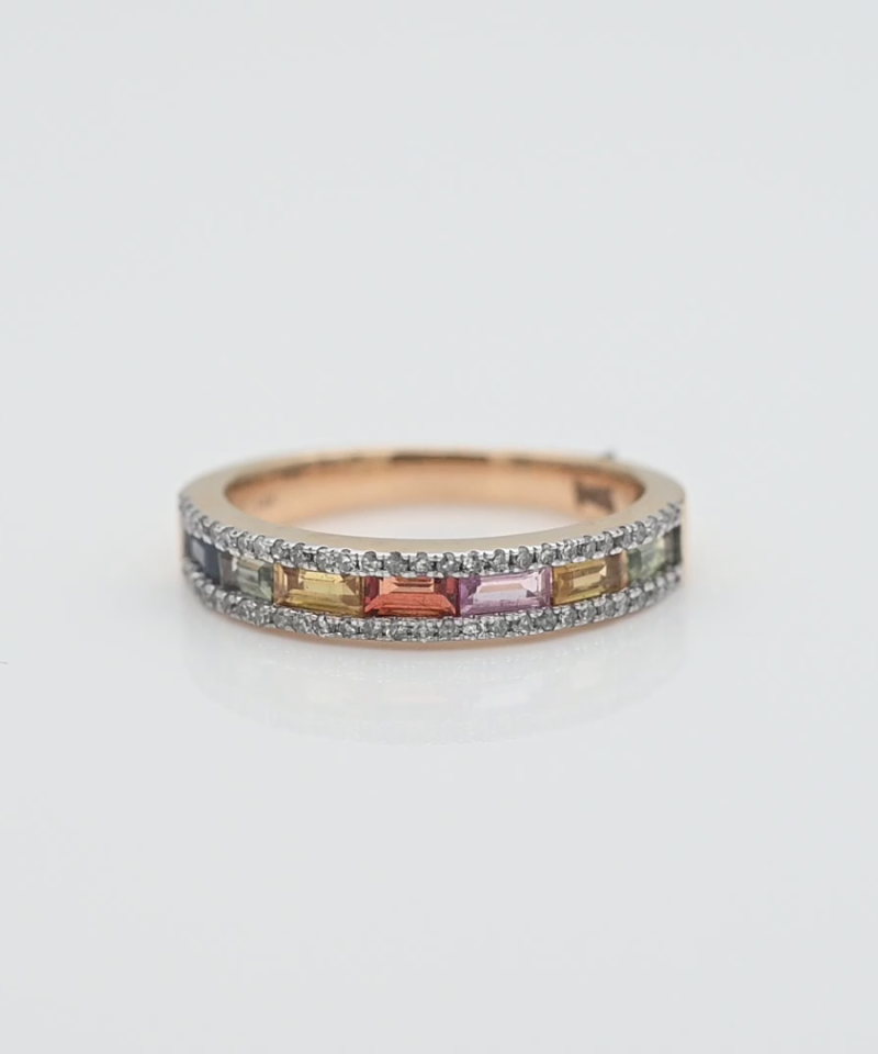 טבעת חצי איטרנטי משובצת אבני ספיר צבעוניות ויהלומים - מק"ט 61357, זהב 14K