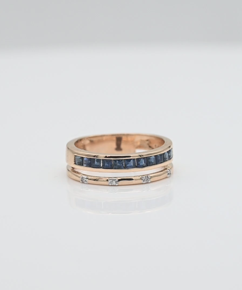 זוג טבעות מחוברות משובצות אבני ספיר ויהלומים - מק"ט 61376, זהב 14K