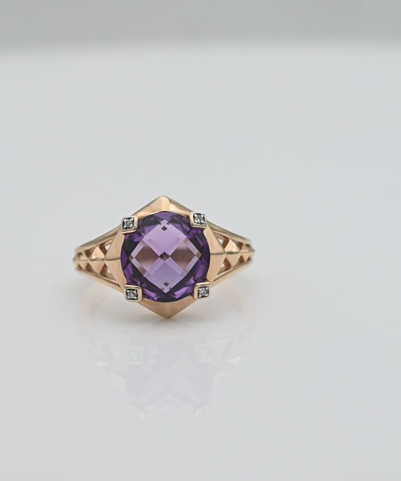טבעת וינטג' משובצת אמטיסט ויהלומים - מק"ט 61392, זהב 14K
