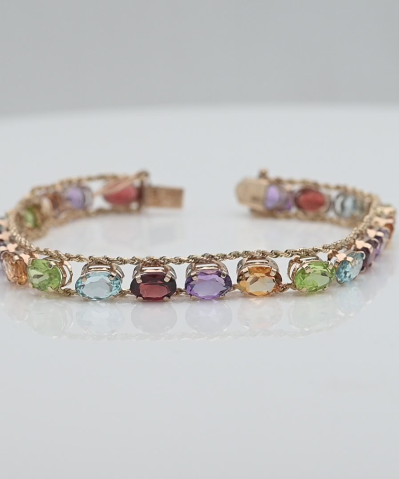 צמיד וינטאג משובץ בלו טופז, גרנט, פרידוט, אמטיסט וציטרין - מק"ט 34640, זהב 10K