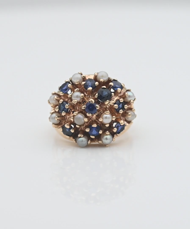 טבעת וינטאג רחבה משובצת אבני ספיר ופנינים - מק"ט 34676, זהב 10K